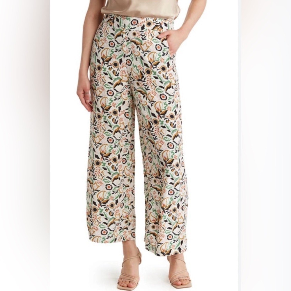 Tahari Womens Floral Wide Leg Crop Pants Paisley Green Rust White Size M